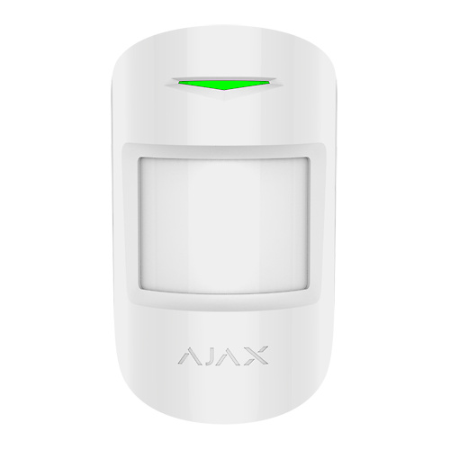 AJ-COMBIPROTECT-W-AJAX-DETECTOR Imagen del detector volumétrico Ajax AJ-COMBIPROTECT-W, con inmunidad ante mascotas y tecnología inalámbrica Jeweller. Protección dual y alcance de 1200 m para máxima seguridad en espacios cerrados