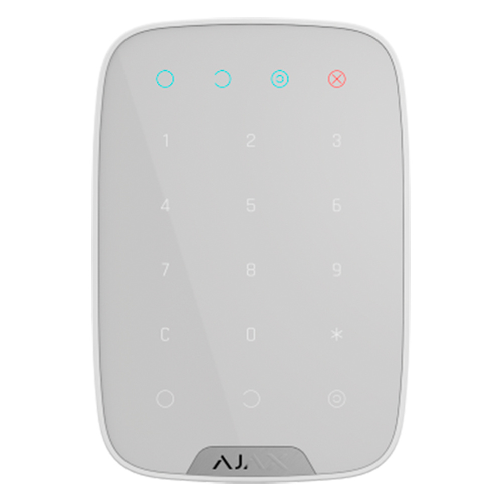 KIT-AVAMZADO-AJAX-ALARMA-TECLADO Detalle del teclado KeyPad‑W táctil con botones iluminados y soporte SmartBracket en pared