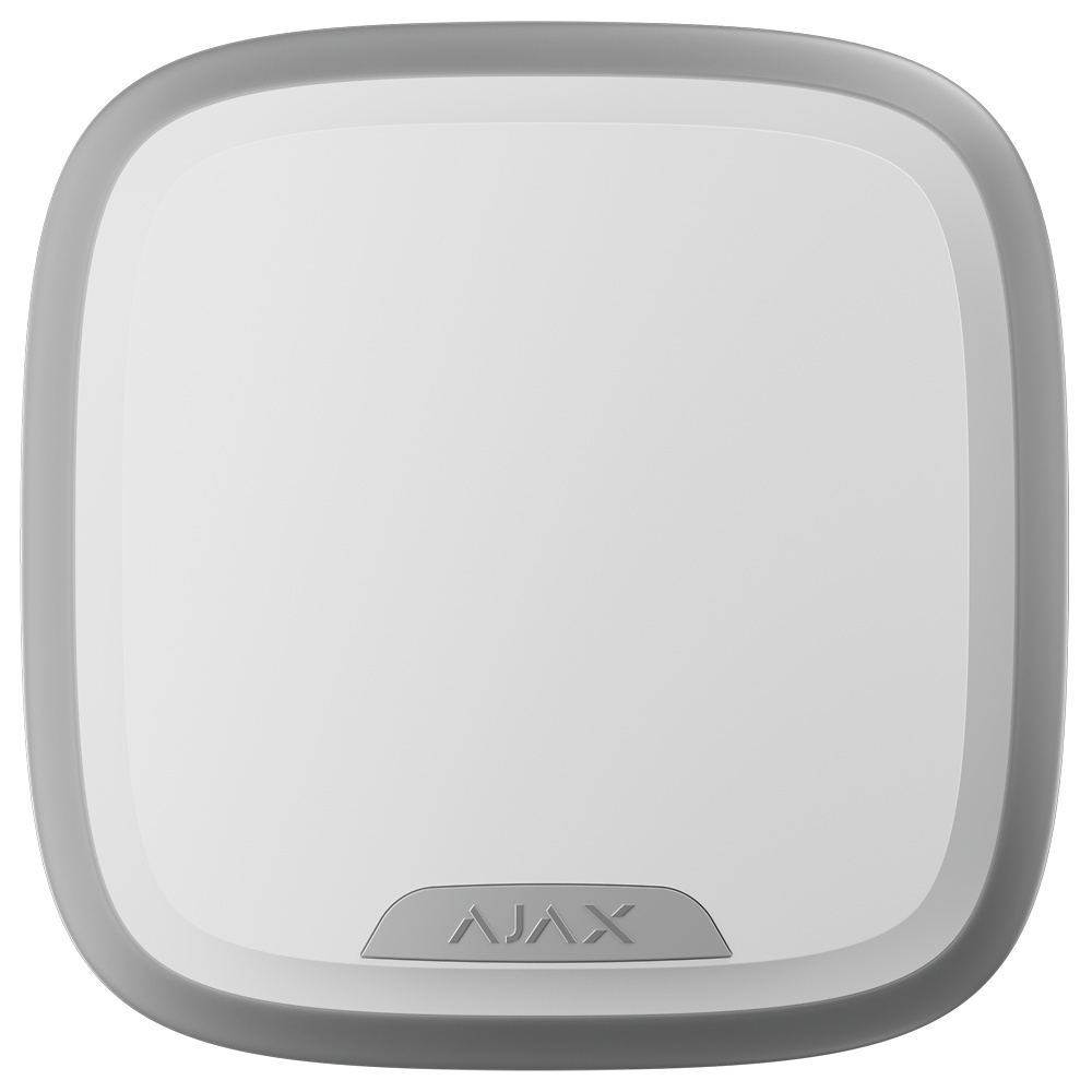 AJ-STREETSIRENPLUS-S-W | AJAX Sirena Ajax Superior StreetSiren Plus Jeweller para exteriores, con sonido ajustable entre 85 y 107 dB, marco LED de alerta visual, grado de seguridad 2, certificación NFA2P, alimentación por batería o fuente externa, diseño robusto IP54 e instalación SmartBracket. Ideal para reforzar perímetros con señal acústica y visual