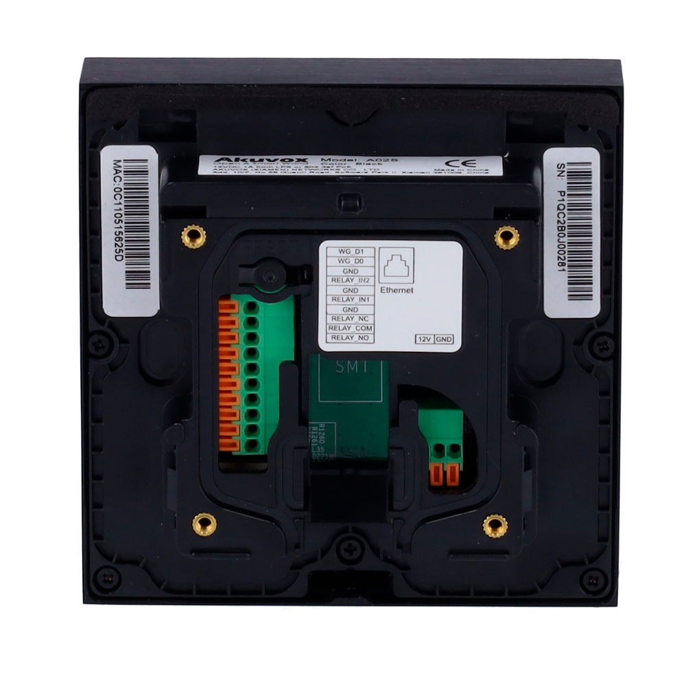 AKUVOX CONTROL DE ACCESOS Terminal de control de accesos Akuvox A02S con capacidad de 100.000 registros, relé integrado, puerto Wiegand, protección IP65 e IK07. Ideal para exteriores, con funciones avanzadas y configuración remota vía navegador web
