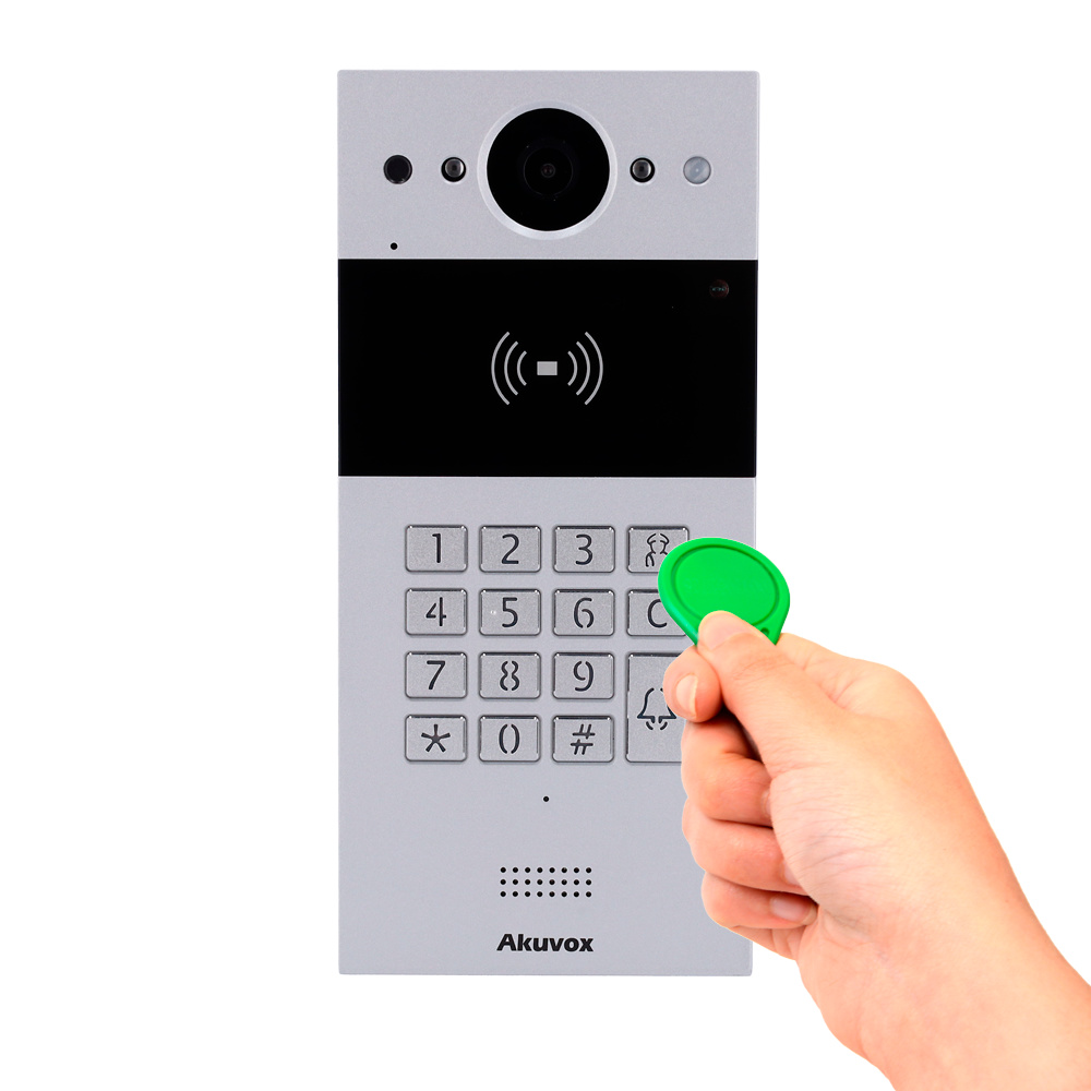 Video portero Akuvox Akuvox R20K es un videoportero IP con tecnología avanzada de acceso: control desde app, desbloqueo remoto, gestión de usuarios en la nube, PoE, lector RFID, teclado iluminado y soporte SIP y ONVIF. Perfecto para instalaciones residenciales o comerciales con control total