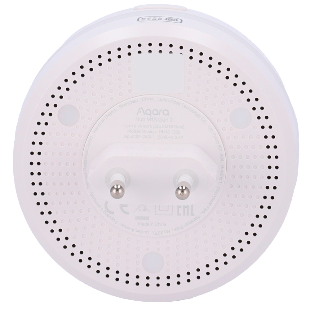 aq-hm1s-g02-posterior Parte trasera del Aqara M1S Gen 2 mostrando entrada de alimentación y estructura ventilada, ideal para uso continuo en interiores