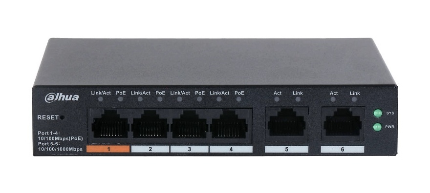 DAHUA SWITCH Optimiza tu red profesional con el switch Dahua Layer2 en la nube. 4 puertos PoE, 2 Uplink Gigabit, 60W de alimentación PoE, funciones avanzadas L2, protección contra sobretensión 4kV, gestión web y App Dolynk. Ideal para videovigilancia, redes IoT y entornos profesionales