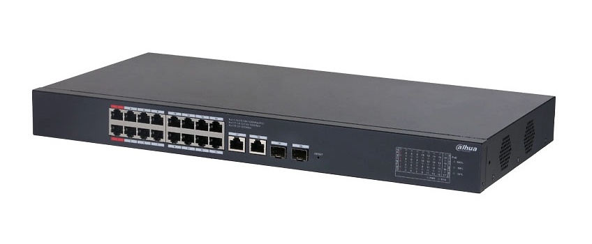 SWITCH DAHUA Switch Dahua DH-CS4220-16GT-135: Ideal para redes seguras con PoE de larga distancia, Watchdog PoE y protección contra sobretensiones. Diseño metálico para rack o sobremesa