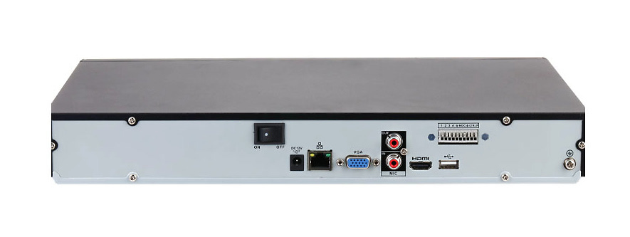 DHI-NVR4216-4KS3-DAHUA-nvr-conexiones La parte posterior del NVR4216-4KS3 incorpora múltiples puertos: red RJ45 gigabit, HDMI 4K, VGA, entradas/salidas de alarma, USB y alimentación. Ideal para integradores que requieran una solución flexible y con múltiples opciones de conectividad profesional