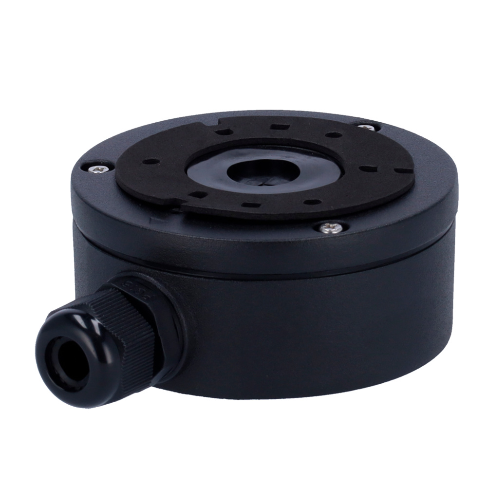 ds-1280zj-xs-b-vista-frontal Vista frontal de la caja de conexiones Hikvision DS-1280ZJ-XS-B con acabado en color negro, mostrando su diseño compacto de 43,2 mm de alto y base circular de 100 mm