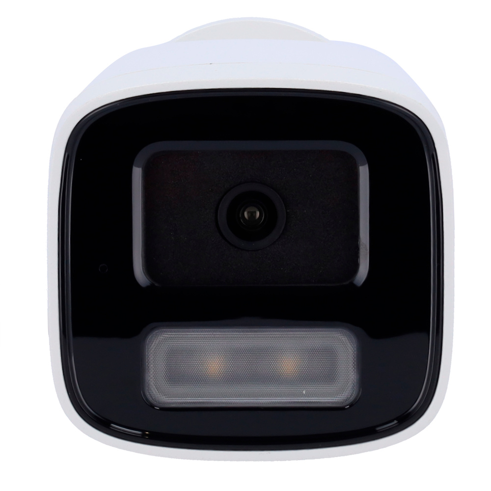hikvision-ds-2cd1t47g2h-liu-4mm-frontal Vista frontal de la cámara Hikvision DS-2CD1T47G2H-LIU(4mm) mostrando el lente de 4 mm y su diseño compacto tipo bullet, ideal para exteriores