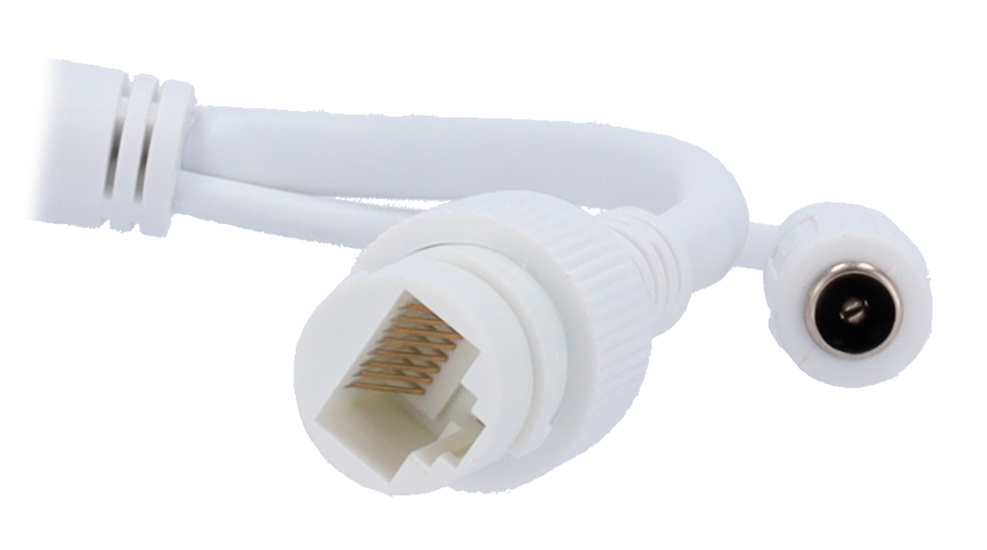 hikvision-ds-2cd1t47g2h-liu-4mm-conexiones Imagen trasera mostrando el conector RJ-45 y alimentación PoE, con zona de montaje VESA y base estándar de instalación