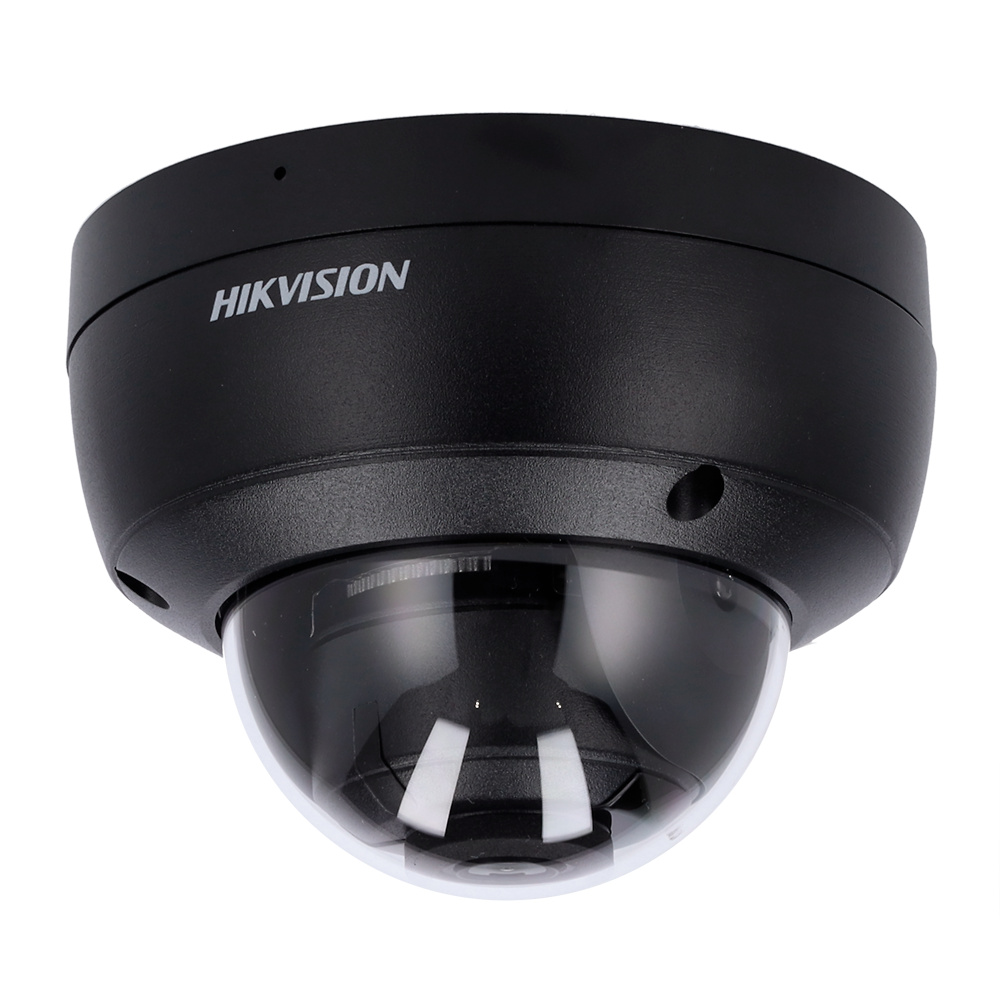 DS-2CD2143G2-IU(2.8mm)(BLACK)-HIKVISION cámara domo IP Hikvision DS-2CD2143G2-IU(2.8mm)(BLACK), con diseño compacto en color negro, micrófono integrado y lente fija de 2.8 mm. Perfecta para vigilancia discreta en exteriores, ofrece visión nocturna y análisis inteligente con IA