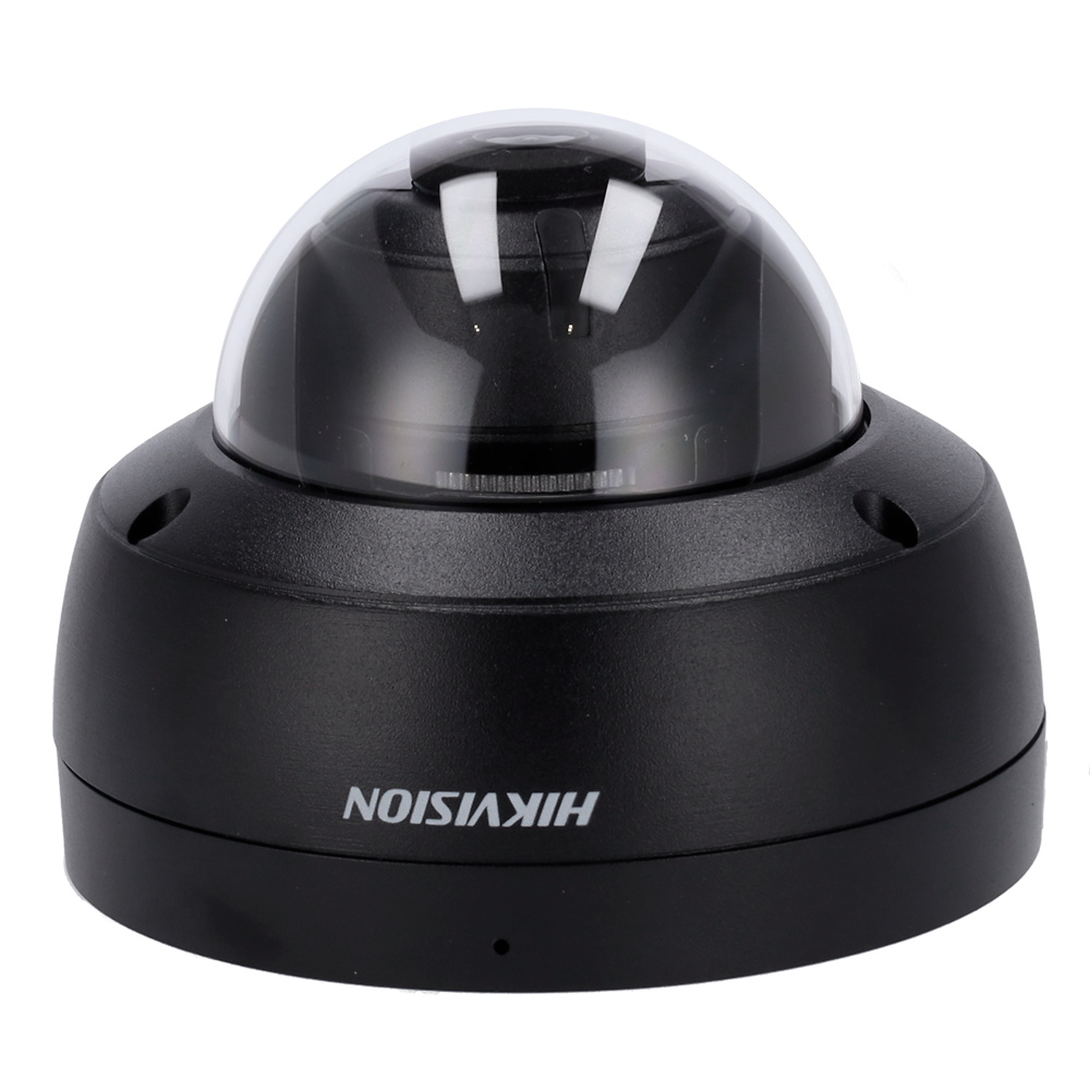 DS-2CD2143G2-IU(2.8mm)(BLACK)-HIKVISION-detalle el modelo DS-2CD2143G2-IU(2.8mm)(BLACK) mostrando su carcasa metálica antivandálica con protección IK10. La cámara ofrece 4 Mpx de resolución, infrarrojos de 30 m y clasificación de objetivos, ideal para entradas, fachadas o espacios públicos