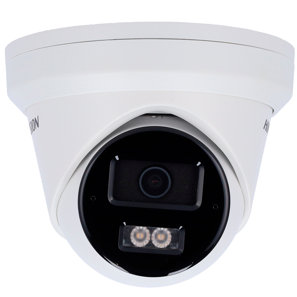 hikvision-DS-2CD2363G2-LI2U-2.8mm-turrent-frontal Vista frontal de la cámara IP Hikvision DS-2CD2363G2-LI2U(2.8mm), destacando su doble sistema de iluminación, óptica fija de gran angular y micrófono dual integrado. Ideal para sistemas de videovigilancia inteligente con grabación local y análisis de comportamiento