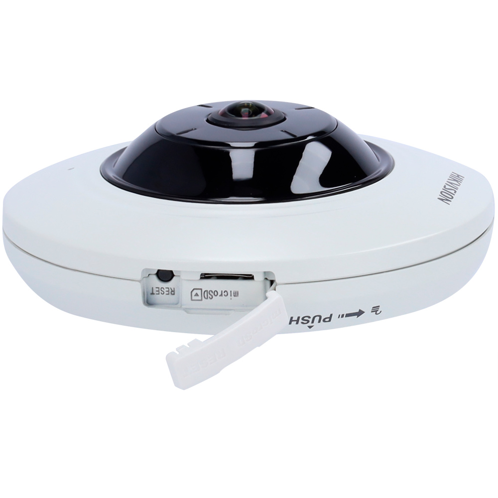 HIKVISION DOME Maximiza tu videovigilancia interior con la cámara IP Fisheye Hikvision DS-2CD2955G0-ISU(1.05mm), equipada con lente de 1.05 mm, resolución 5 Mpx, visión 180°, micrófono, almacenamiento MicroSD, IR de 8 metros, WDR 120 dB, alimentación PoE y diseño compacto