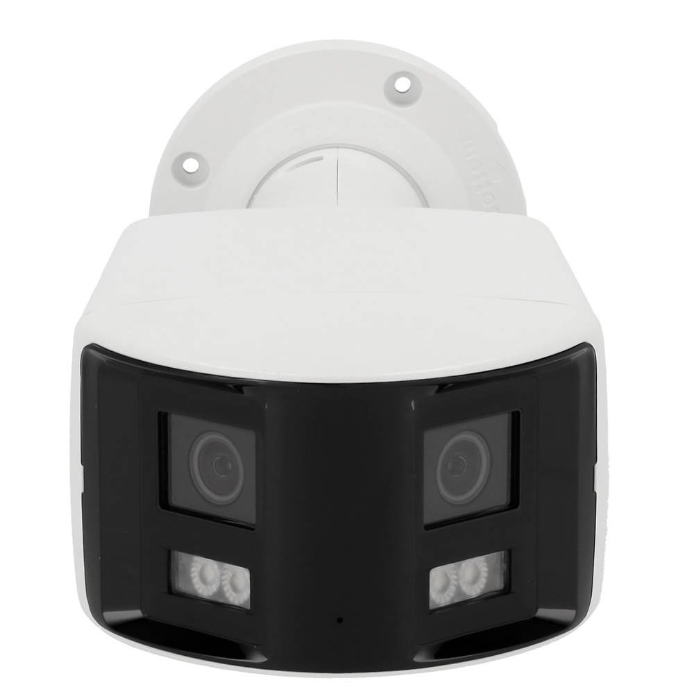 DS-2CD3T87G2P-LSU/SL(4mm)(C)-HIKVISION-PANORÁMICA cámara bullet IP DS-2CD3T87G2P-LSU_SL(4mm)(C) en funcionamiento con tecnología ColorVu. Diseño robusto con protección IP67, visión nocturna a color, altavoz integrado y detección de humanos y vehículos mediante IA avanzada