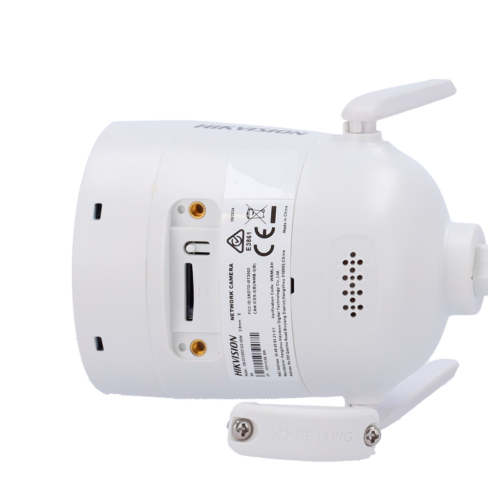 DS-2CV2041G2-IDW(2.8mm)(W)-HIKVISION-camara-wifi-conexiones Imagen lateral de la cámara Bullet Hikvision DS-2CV2041G2-IDW(2.8mm)(W), mostrando su diseño compacto, doble antena Wi-Fi y soporte para tarjeta MicroSD de hasta 512 GB. Perfecta para videovigilancia sin cables en exteriores