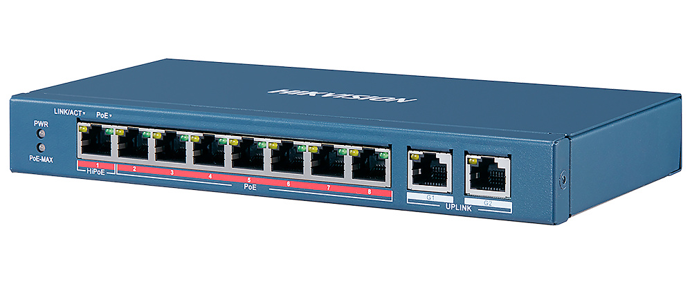 DS-3E0310HP-E-poe-switch-hikvision Switch Hikvision DS-3E0310HP-E con 8 puertos PoE y 2 Gigabit, compacto y fiable para redes IP profesionales