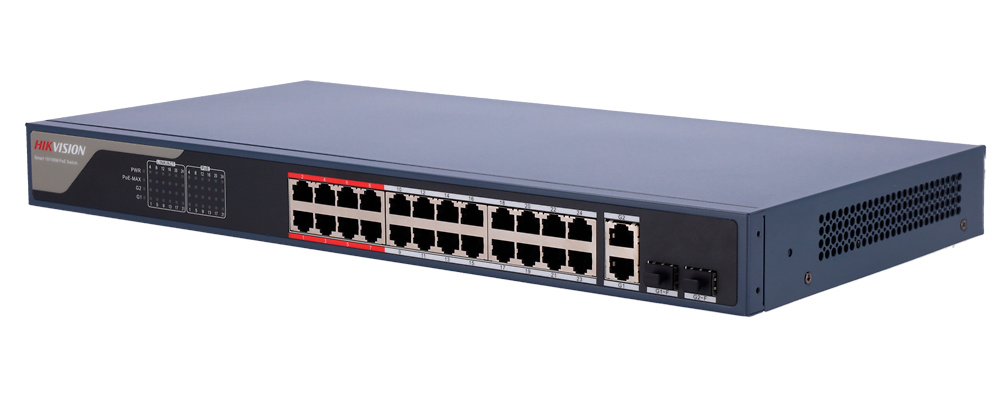 SWITCH HIKVISION Switch de alto rendimiento con PoE+ en 24 puertos, gestión remota y protección contra sobretensiones de 6kV. Ideal para redes de videovigilancia profesional