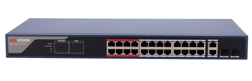 DS-3E1326P-EI | HIKVISION - Switch PoE 24 puertos RJ45 FE + 2 puertos Gigabit RJ45/SFP | 370W 