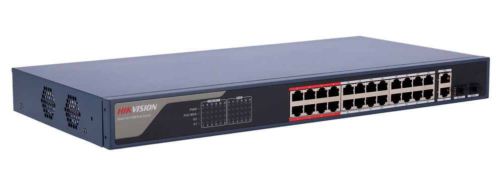 DS-3E1326P-EI | HIKVISION - Switch PoE 24 puertos RJ45 FE + 2 puertos Gigabit RJ45/SFP | 370W 
