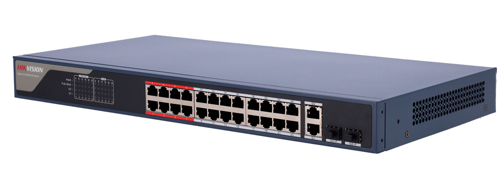 DS-3E1326P-EI | HIKVISION - Switch PoE 24 puertos RJ45 FE + 2 puertos Gigabit RJ45/SFP | 370W 