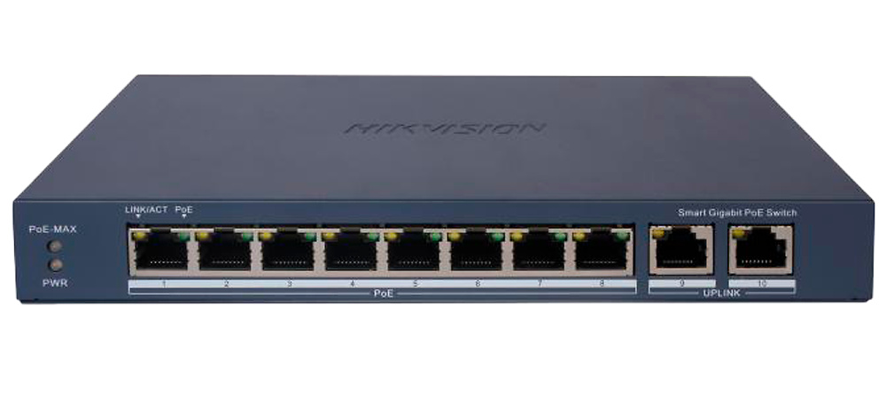 DS-3E1510P-EIV2-frontal Switch PoE gestionable DS-3E1510P-EIV2, 8 puertos PoE+ 10/100/1000 Mbps, soporte hasta 110W y PoE extendido hasta 300 metros. Ideal para videovigilancia
