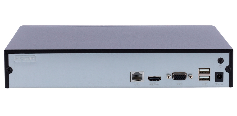 HIKVISION-DS-7104NI-Q1M-D-conexiones Vista trasera del grabador Hikvision DS-7104NI-Q1/M(D) mostrando conexiones HDMI, VGA, red y USB. Gestión eficiente y simultánea de cámaras IP con hasta 16 conexiones remotas