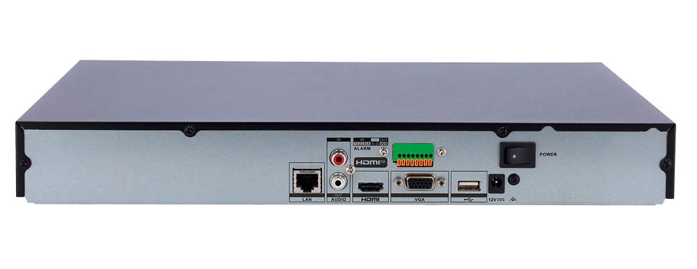 DS-7608NXI-K2-D-HIKVISION-NVR-CONEXIONES Detalle del panel trasero del Hikvision DS-7608NXI-K2(D), mostrando puertos HDMI 4K, VGA, RJ45 Gigabit y entradas/salidas de alarma. Perfecto para instalaciones IP con detección facial, clasificación de objetivos y acceso remoto multiplataforma
