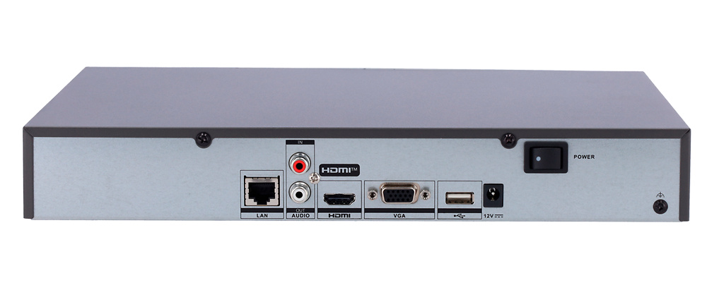 DS-7616NXI-K1(D)-HIKVISION-conexiones Detalle del DS-7616NXI-K1(D) mostrando interfaz de red, USB y alimentación, ideal para instalaciones IP profesionales
