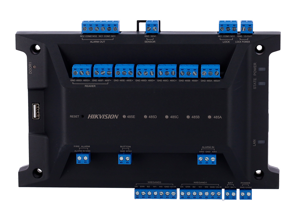 DS-K2701X-P-HIKVISION-accesos-controladora-conexiones Detalle de conexiones del modelo DS-K2701X(P), con entradas para botón de salida y sensor de puerta, compatible con sistemas centralizados