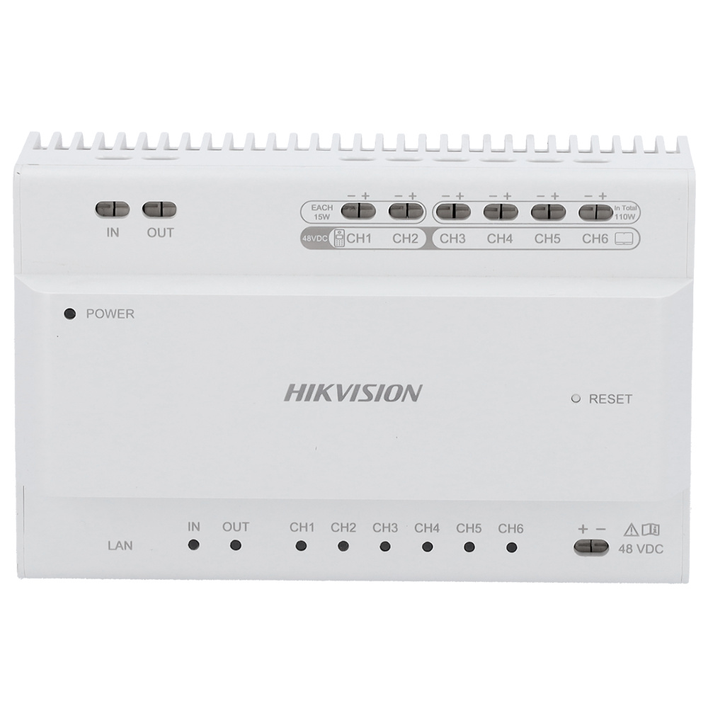 DS-KAD7060EY-HIKVISION-distribuidor-conexiones Panel frontal del Hikvision DS-KAD7060EY mostrando conectores y entrada de alimentación para proyectos profesionales