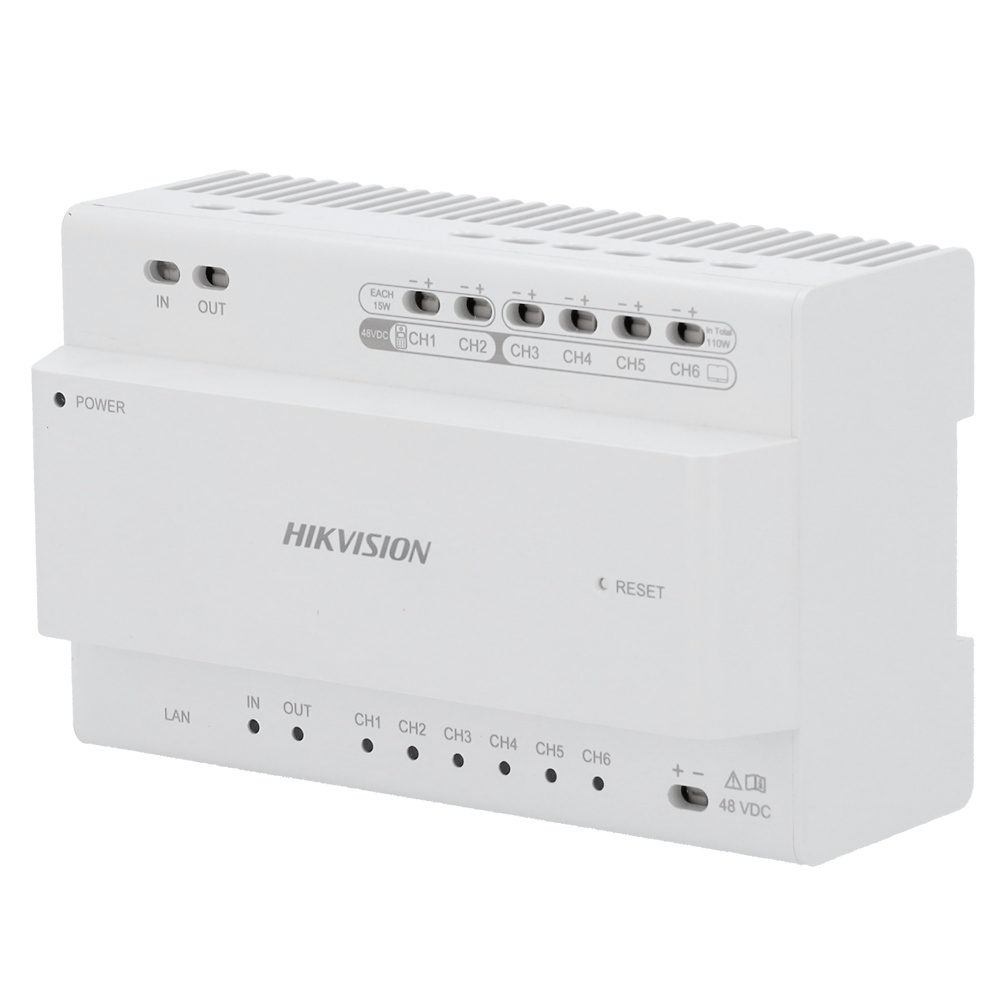 DS-KAD7060EY-HIKVISION-distribuidor Módulo Hikvision DS-KAD7060EY con 6 salidas 2 hilos, ideal para instalaciones comunitarias de videoportero y montaje en carril DIN