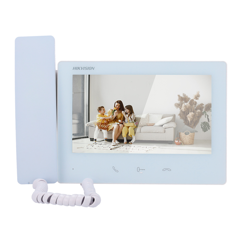 DS-KH7300EY-THE2-White-FRONTAL Detalle del DS-KH7300EY-THE2 en color blanco con frontal plano, ideal para instalaciones comunitarias y viviendas