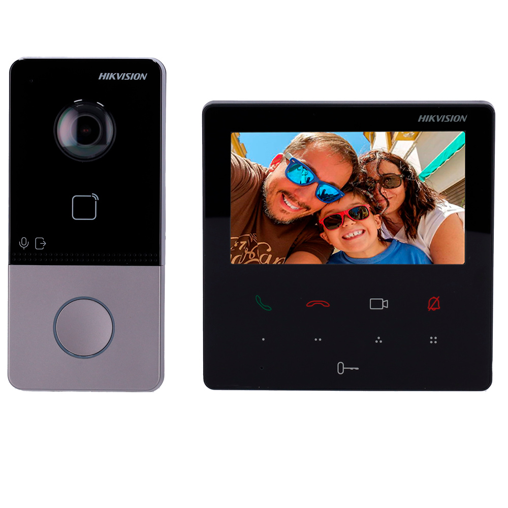 Video portero HIKVISION Hikvision DS-KIS606-P, kit profesional de videoportero IP. Placa exterior resistente IP65 con cámara HD gran angular y lector de tarjetas, junto a monitor interior WiFi de fácil instalación. Gestiona accesos y monitoriza desde tu smartphone o PC