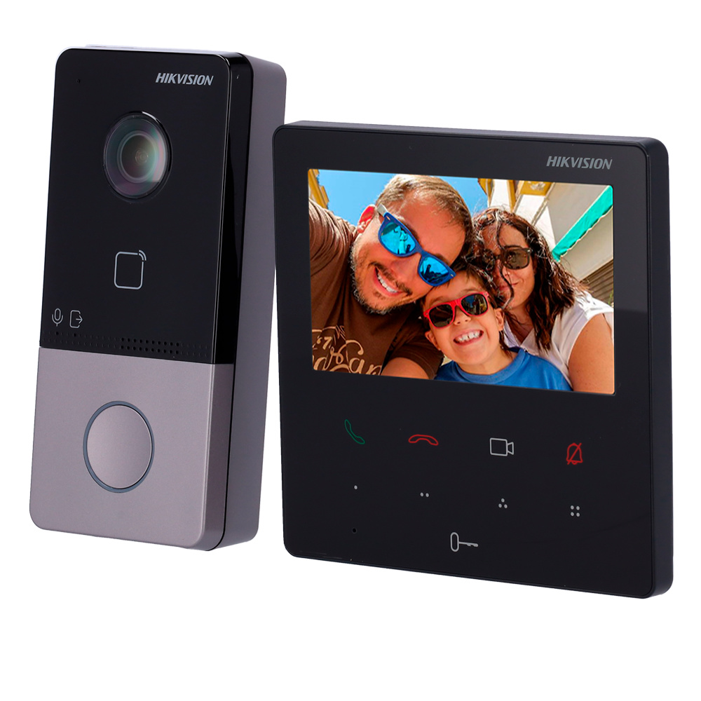 Kit HIKVISION Kit de videoportero Hikvision DS-KIS606-P con tecnología IP y WiFi, incluye placa exterior con cámara 2 Mpx y lector MF, y monitor TFT táctil de 4.3