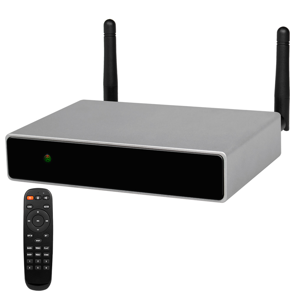 DSPPA-DW0235-amplificador Vista frontal del DSPPA DW0235, amplificador inalámbrico compacto ideal para entornos profesionales. Diseño moderno, eficiencia y control remoto integrado