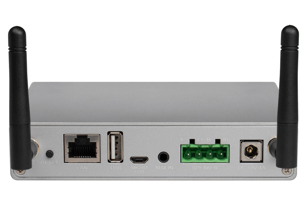 DSPPA-DW0235-amplificador-conexiones Conectores del DSPPA DW0235: LAN, USB, jack 3.5mm y salidas de altavoz, pensados para una integración completa en sistemas de audio profesionales