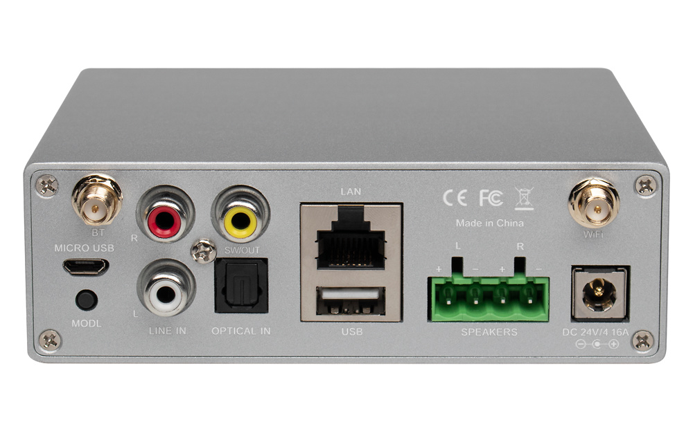 DSPPA-DW0250-amplificador-audio-conexiones Detalle de las conexiones del DW0250: entradas USB, RCA, SPDIF y red LAN, con salidas para altavoces. Su conectividad WiFi y Bluetooth lo hacen ideal para instalaciones inteligentes