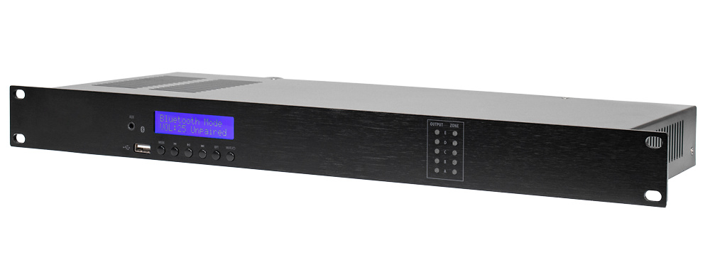 DSPPA-MAG505-frontal Vista frontal del sistema DSPPA MAG505 mostrando sus controles principales, conectores y diseño compacto ideal para instalaciones de audio profesionales multizona en hoteles, oficinas y comercios