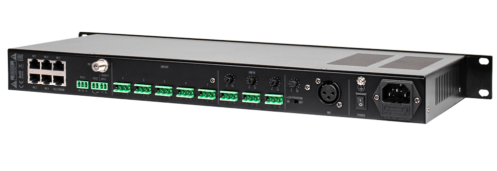 DSPPA-MAG505-trasero Imagen del panel trasero del DSPPA MAG505 con puertos Euroblock y RJ45, destacando su versatilidad en conexiones de entrada y salida de audio para control remoto y paneles DSPPA