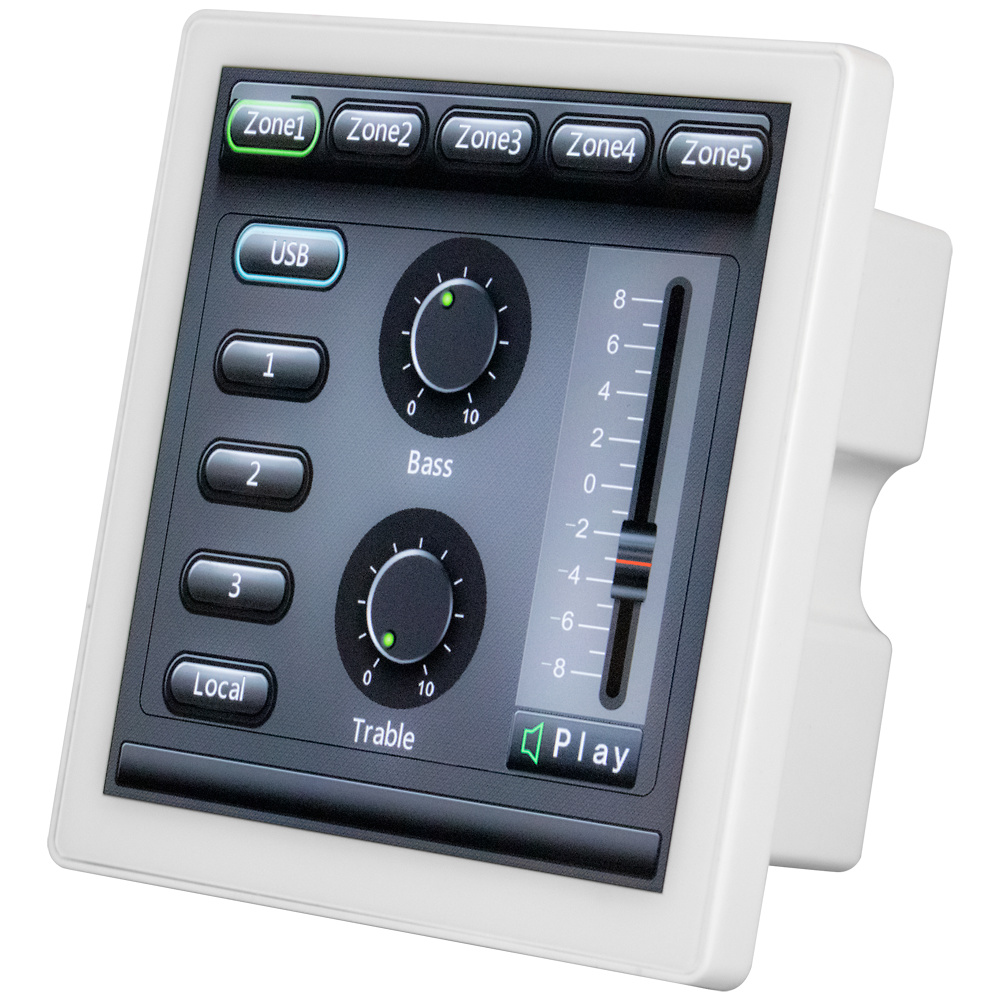 DSPPA-MAG505C-PANEL-LATERAL Imagen lateral del DSPPA MAG505C mostrando su perfil compacto y puertos traseros Euroblock y RJ45. Ideal para instalación empotrada en sistemas multizona con control por gestos