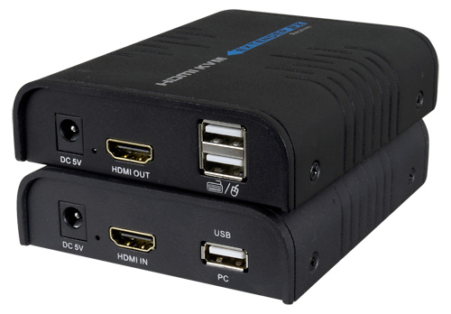 hdmi-kvm-ext-frontal Vista frontal del extensor HDMI-KVM-EXT mostrando los puertos HDMI, USB y RJ45 del módulo emisor, ideal para conexión a DVR o PC. Solución profesional para transmisión KVM por red TCP/IP