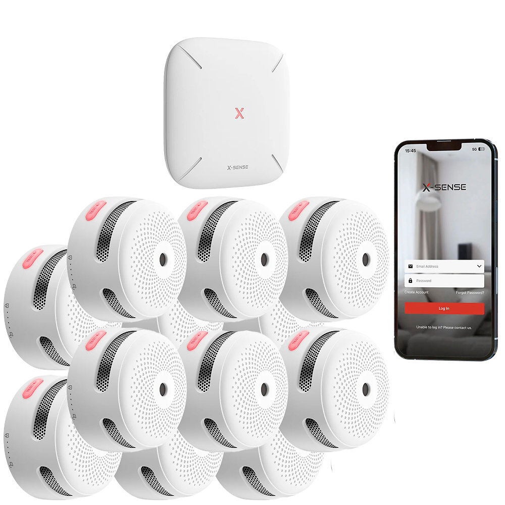 fs121-X-SESNE-detector-kit-incendio Fotografía del kit X‑Sense FS121 con 12 detectores XS01‑M y base SBS50; perfecta para cubrir grandes viviendas, instalaciones pequeñas o negocios con interconexión inalámbrica fiable.