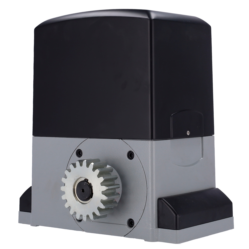 gateopener-bl360enc-frontal Vista frontal del automatismo GATEOPENER-BL360ENC diseñado para puertas correderas de hasta 2000 kg. Se aprecia su carcasa de aluminio y cubierta superior plástica, junto con el motor sin escobillas. Una solución robusta y duradera para accesos automatizados de uso intensivo