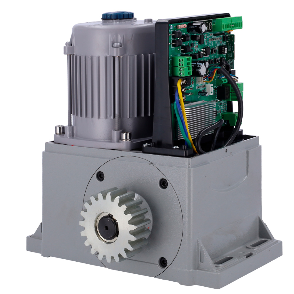 gateopener-bl360enc-detalle-motor Detalle técnico del motor sin escobillas del GATEOPENER-BL360ENC. Se observa el sistema de piñón-cremallera, el encóder de posición y el potenciómetro de fuerza. Muestra los elementos clave que permiten un control preciso y seguro del movimiento de la puerta