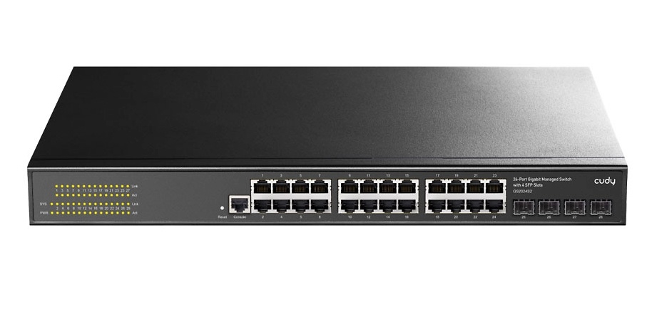 gs2024s2-panel-completo-l2 Imagen completa del switch GS2024S2 mostrando estructura sin ventilador, conectores RJ45, ranura consola y cuerpo metálico robusto para redes de nivel empresarial