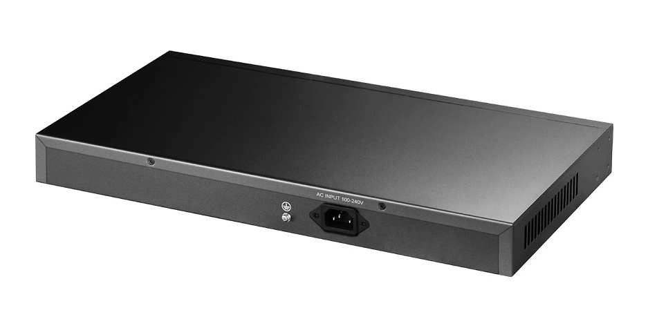 gs2024s2-conexiones-traseras Fotografía de la parte trasera del switch gestionable GS2024S2 mostrando entrada de alimentación, etiquetas técnicas y soporte para montaje en rack. Fabricación metálica resistente