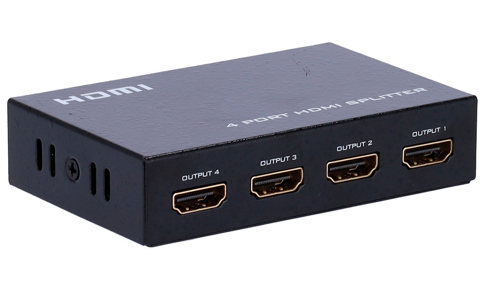 HDMI-SPLITTER-4-4K-splitter-video Imagen frontal del HDMI-SPLITTER-4-4K, mostrando sus 4 salidas HDMI. Ideal para distribución simultánea de vídeo 4K en múltiples pantallas con máxima fidelidad y compatibilidad profesional