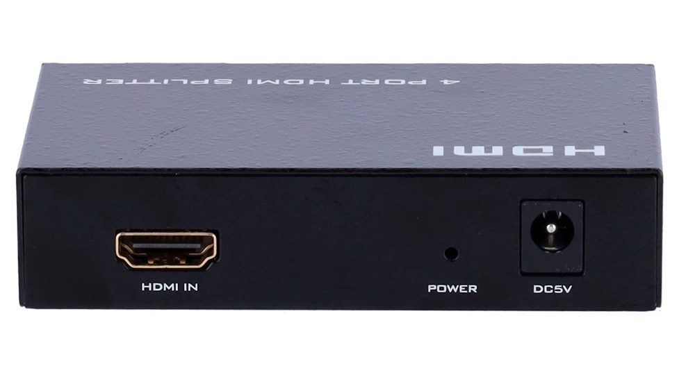 HDMI-SPLITTER-4-4K-splitter-video-posterior Vista posterior del divisor HDMI-SPLITTER-4-4K con conexiones HDMI visibles. Distribuye la señal de forma eficaz a 4 monitores o televisores sin pérdida de calidad.