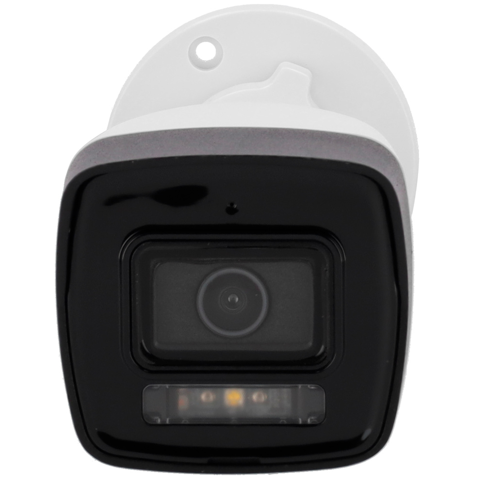 ipc-b140ha-lu-frontal Vista frontal de la cámara bullet IP HiLook IPC-B140HA-LU con sensor de 4Mpx, lente fija de 2.8 mm y diseño compacto en carcasa metálica, ideal para instalaciones exteriores con detección de humanos y vehículos gracias a su luz híbrida de 30 m