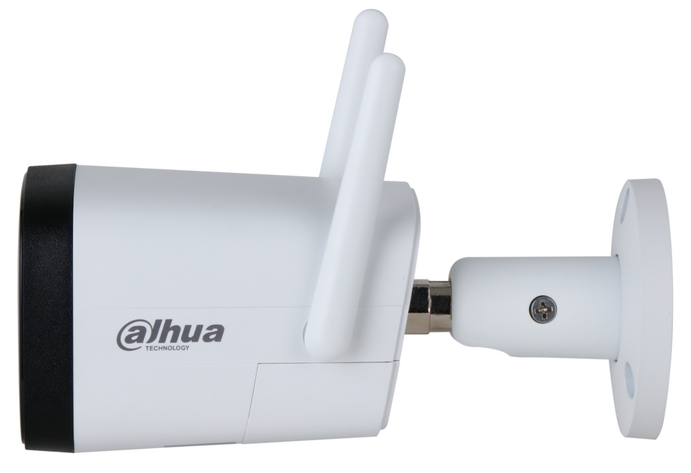 dahua-ipc-hfw1430dtp-wifi-3axis Imagen lateral del modelo IPC-HFW1430DTP-STW-0280B, mostrando el sistema de montaje 3AXIS y antena WiFi doble