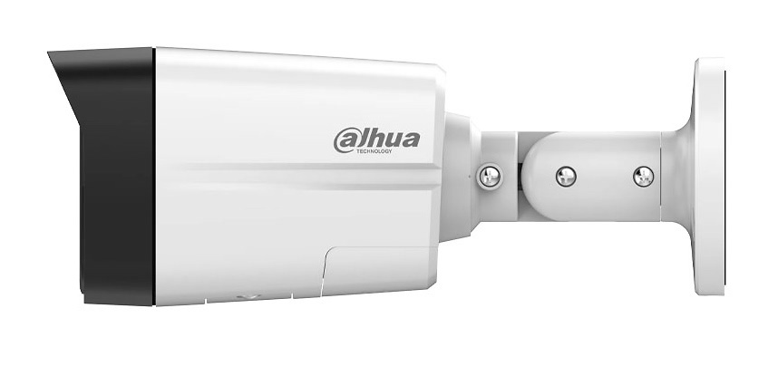 dahua-ipc-hfw2549tlp-lateral Vista lateral del modelo IPC-HFW2549TLP-S-PV-0280B mostrando el diseño compacto y robusto con altavoz y micrófono integrados